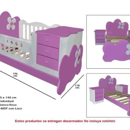 Cama Cuna Flor Individual Blanco-Rosa