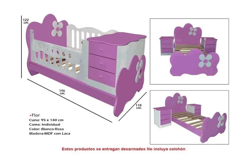 Cama Cuna Flor Individual Blanco-Rosa